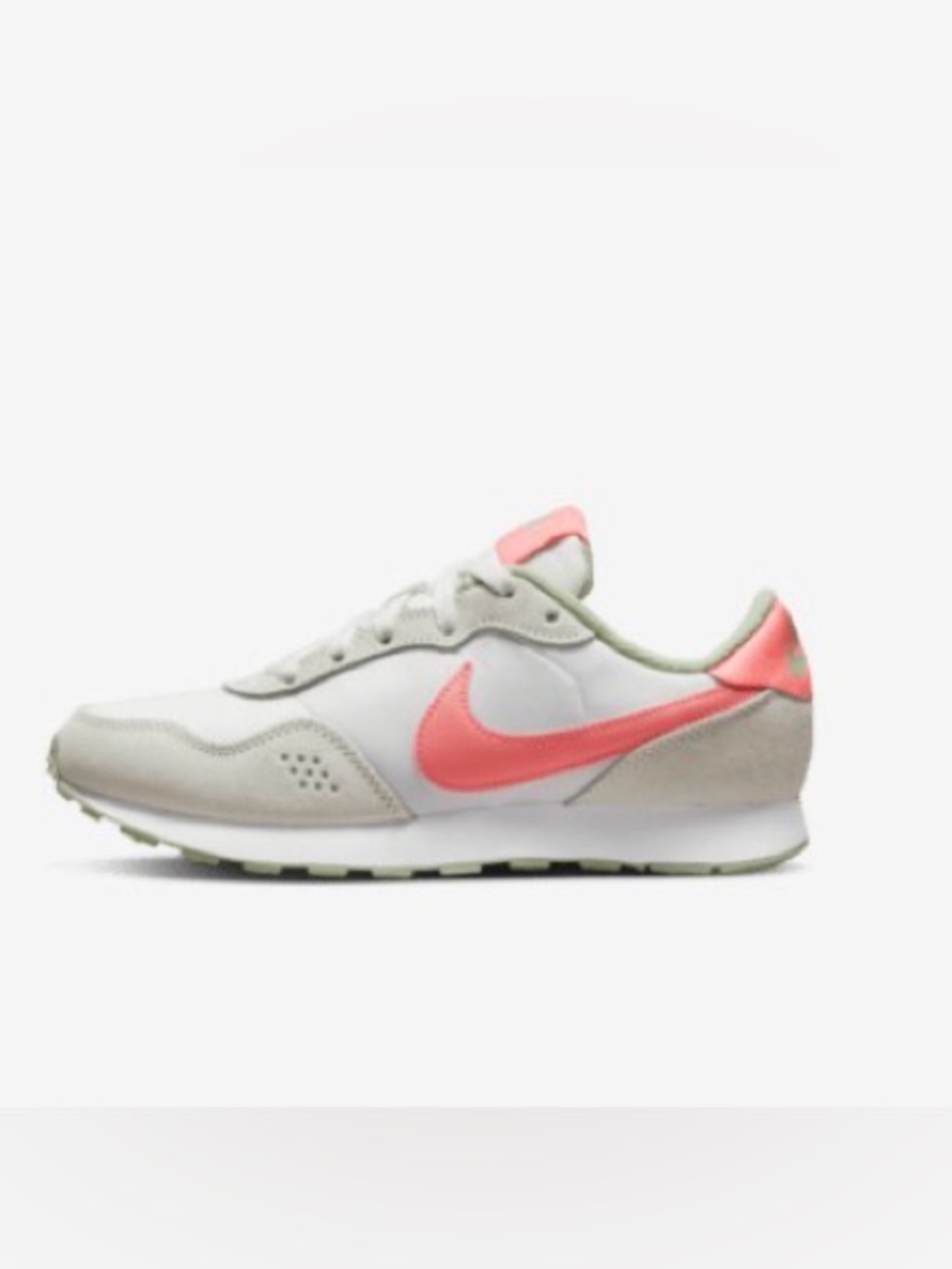 Nike MD Valiant Beige Sneakers with Coral Pink Swoosh and bright green accents